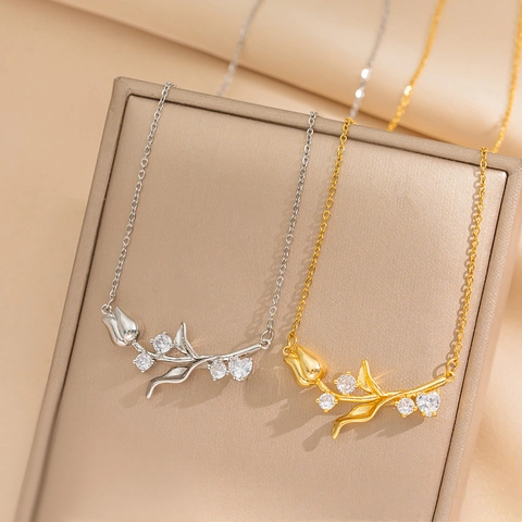 Collar Con Colgante De Tulipa Acero De Titanio Circonita Flor Delicado Estilo Francés Cadena De Clavícula Para Mujeres Joya