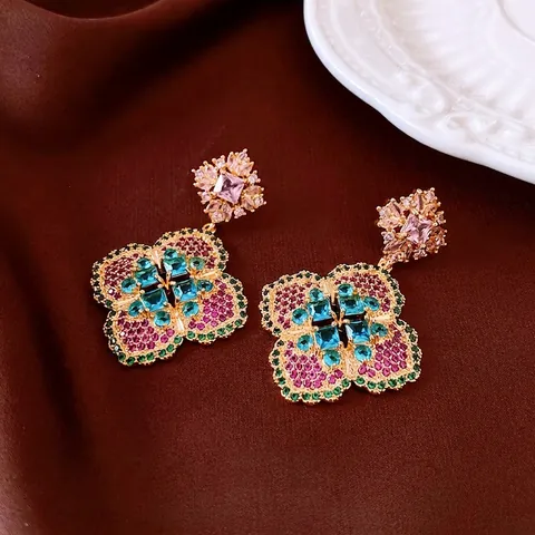 Boucles D'oreilles Pendantes Fleurs Cuivre Zircone Cubique Avec Tige Argent Sterling 925 Style Rétro Somptueux Femmes
