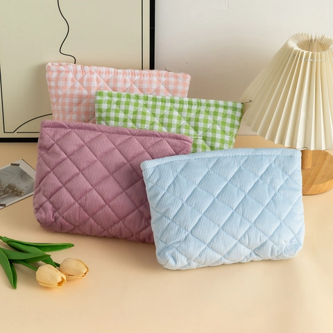 Quilted Makeup Bag Corduroy Gingham Cosmetic Organizer Large Capacity Travel Toiletry Pouch Portable Women