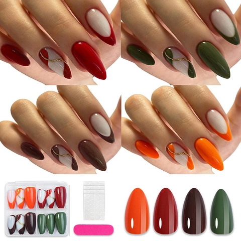 Unghie Finte A Pressione Mandorla Lucide ABS Tinta Unita Marmo Linea Dorata Manicure DIY Decorazione Dita