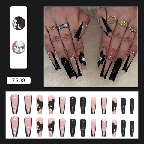 Long Ballerina Press On Nails With 3D Flowers And Rhinestones Black Pink Glitter Dark Style Artificial Nails