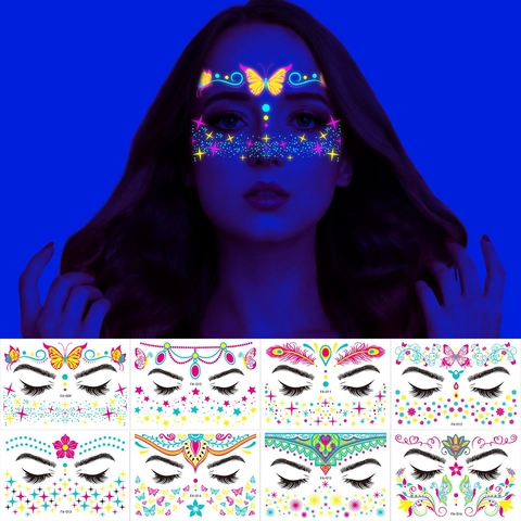 Adesivi Per Tatuaggi Viso Fluorescenti Neon UV Reattivi Impermeabili Festival Musicale Trucco Per Feste Bohemien Farfalla Stellata Bagliore Adulto