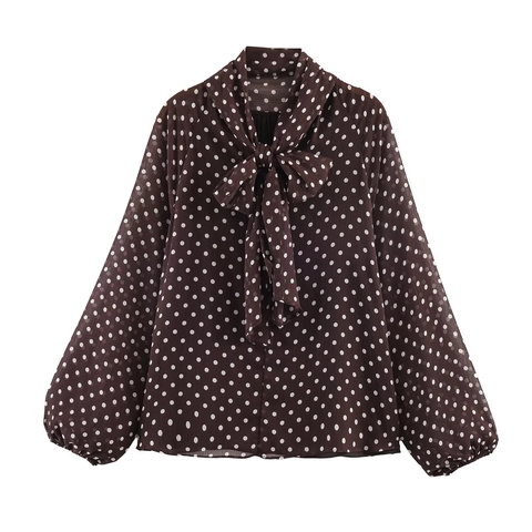 Damen Polka Dot Bluse Chiffon Langarm Schluppenkragen Laternenärmel Retro Elegant Mode Oberteil Casual Office Lady