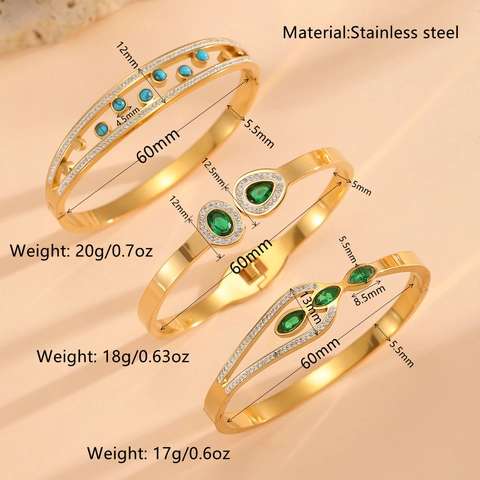Pulsera De Brazalete De Acero Inoxidable Chapado En Oro Para Mujer Estrás Verde Esmeralda Circón Blanco Engastado Manguito Abierto Elegante