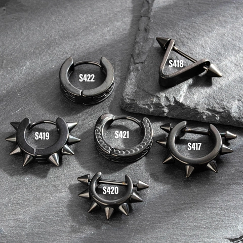 Black Punk Spike Hoop Earrings Titanium Steel Geometric Gothic Rock Streetwear Jewelry For Men Women