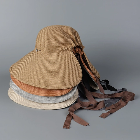 Women Wide Brim Paper Straw Hat With Ponytail Hole Bow Ribbon Foldable UV Protection Summer Beach Sun Hat Elegant