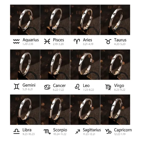 Anillos Abiertos de los Doce Signos del Zodiaco de Plata de Ley S925 para Mujer Joyería de Dedo de Personalidad de Constelación Ajustable Minimalista