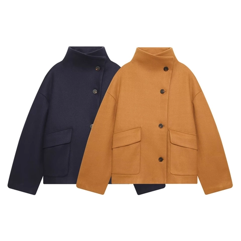 Women Woolen Jacket Stand Collar Single Breasted Short Coat With Large Pockets Casual Elegant Solid Color