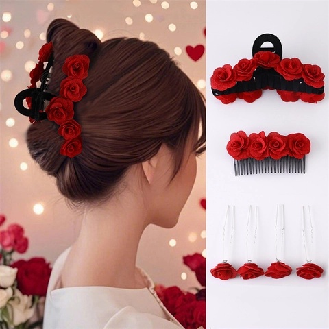 Elegante Rote Stoffrosen Blumen Haarschmuck Für Frauen Hochzeit Party Braut Haarklammern Kämme Nadeln Mode