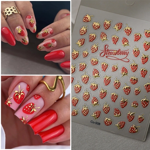 Adesivi Per Unghie Fragola 3D Rilievo 5D Design Frutta Rosso E Oro Decorazione Per Manicure DIY Per Donne