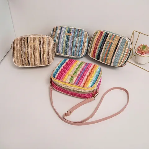 Women Crossbody Bag Straw Woven Rainbow Stripe Camera Bag Summer Beach Casual Ethnic Style Small Square Purse