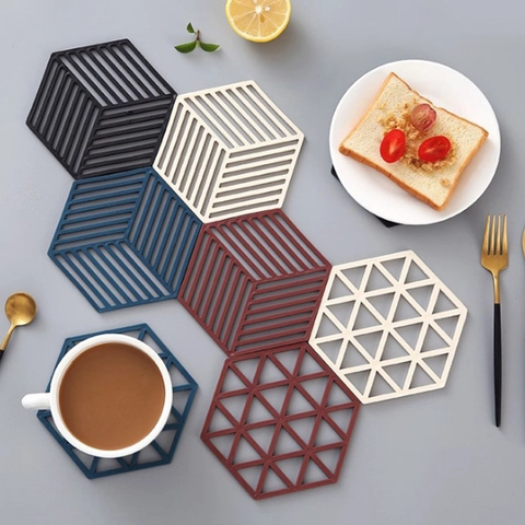 Hexagonal Coasters TPE Heat Resistant Pot Mats Hollow Striped Grid Non Slip Modern Kitchen Dining Table Decor