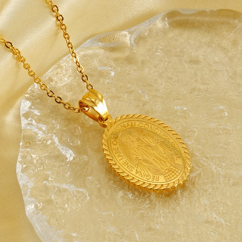 Collana Pendente Vergine Maria Placcata Oro 18K Acciaio Inossidabile Medaglia Miracolosa Gioielli Religiosi Ovali Per Uomo Donna