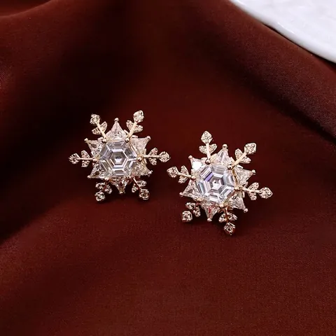 Snowflake Stud Earrings With 925 Sterling Silver Earring Post Cubic Zirconia Copper Real Gold Plated Hexagonal For Women