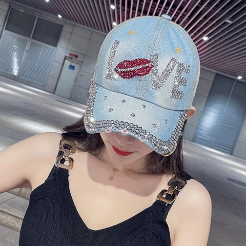 Women Denim Baseball Cap Rhinestone LOVE Letter Sequined Lip Adjustable Sun Protection Casual Streetwear Fashion Hat
