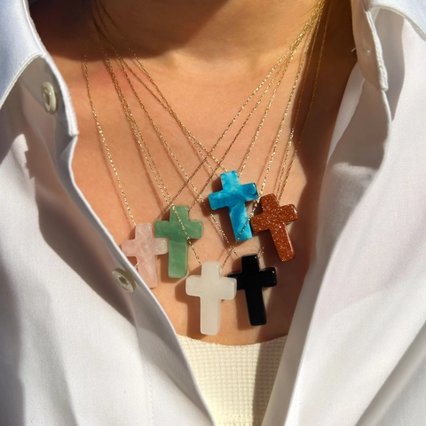 Collana con Pendente a Croce in Pietra Naturale di Lusso Stile Ins Catena in Acciaio Inossidabile per Donna Gioielli Minimalisti