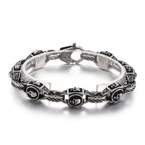 Men's Skull Head Bracelet Vintage Distressed 316L Stainless Steel Punk Gothic Heavy Chain Jewelry With Lobster Clasp