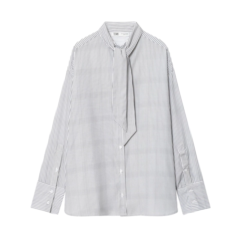 Women Striped Blouse Tie Neck Long Sleeve Button Down Poplin Shirt Polyester Elegant Fashion Top