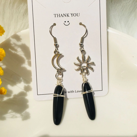 Boucles D'oreilles Pendantes Asymétriques Soleil Lune Avec Pierre Naturelle Fil Enroulé Crochet En Acier Inoxydable