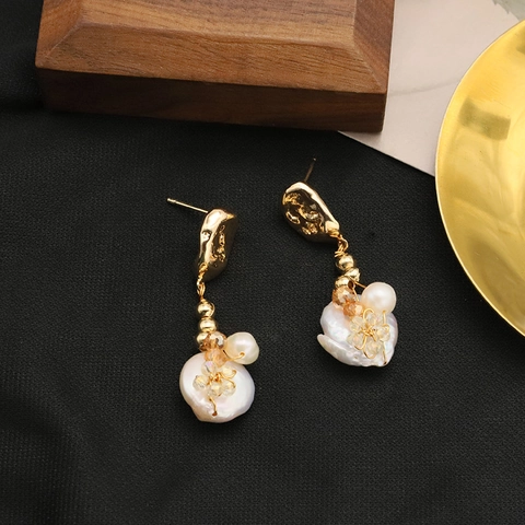 Orecchini a Bottone con Perla Barocca d'Acqua Dolce Francese Vintage con Perno in Argento Sterling 925 Placcato Oro Gioielli Donna