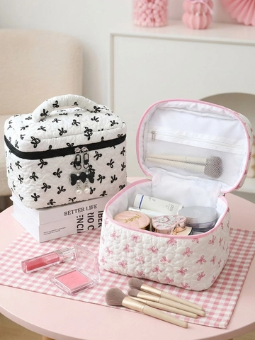 Borsa Trucco Trapuntata Con Fiocco Per Donne Ragazze Grande Capacità Pochette Cosmetica Cerniera Con Perla Artificial Elegante