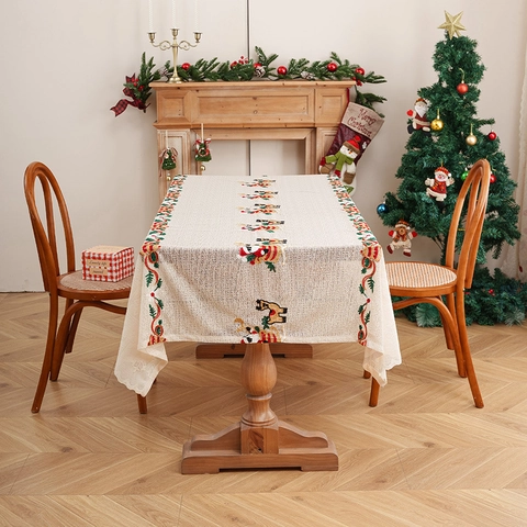 Christmas Tablecloth Polyester Lace Embroidered Santa Reindeer Rectangular Holiday Dining Table Cover American Style Decor
