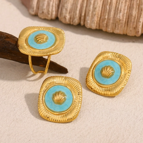 Pendientes Y Anillo Abierto Retro Concha Cuadrada Acero Inoxidable Chapado En Oro 18K Esmalte Azul Joyas Mujer