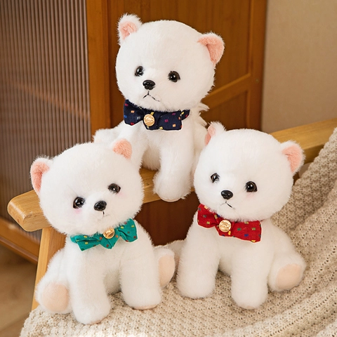 Pomeranian Plush Toy White Soft Dog Stuffed Animal With Bowtie Bell For Kids Gift Home Office Decor Cute Sitting Puppy