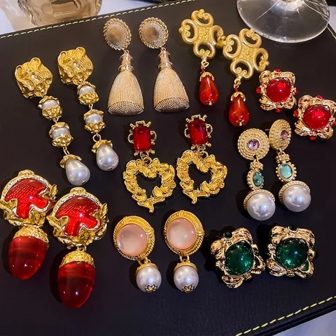 Vintage Hofstijl Oorbellen Legering Strass Kunstparel Hart Geometrisch Met 925 Sterling Zilveren Oorknopjes