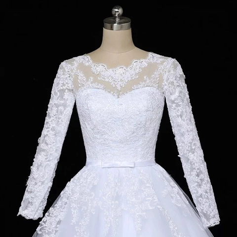 Elegantes Weißes Langarm-Spitzen-Hochzeitskleid Bodenlanges Ballkleid Brautkleid Mit Blumenstickerei Schnürung