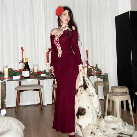 Mermaid Long Sleeve Maxi Dress Polyester Spandex Knit Hollow Out Lace Up Rose Flower Decor Bodycon Sexy Evening Party