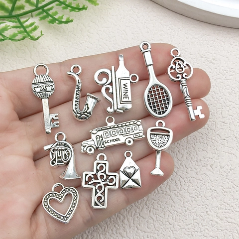 Ciondoli In Lega Argento Antico Pendenti Varietà Mista Creazione Gioielli Vintage Per Collana Bracciale Portachiavi Croce Cuore Chiave