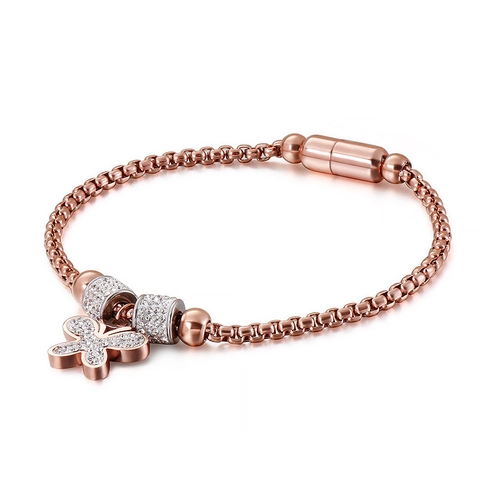 Butterfly Pendant Bracelet Stainless Steel Zircon Rhinestone Inlaid Box Chain Magnetic Clasp Elegant Jewelry For Women