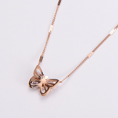 Elegant Butterfly Pendant Necklace 316L Stainless Steel With Sparkling Zircon Inlay Hollow Design Jewelry For Women