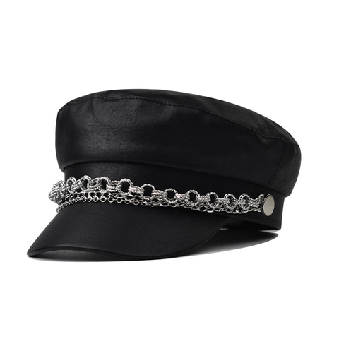 Cappello Newsboy Da Donna In Pelle PU Con Catena Argentata Berretto Militare Ottagonale Stile Punk Retrò