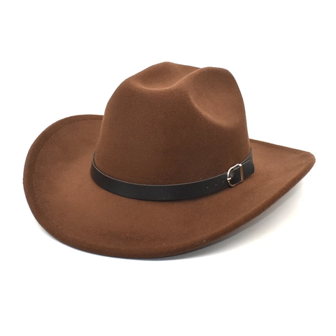 Wide Brim Fedora Hat Woolen Felt Cowboy Jazz Cap With Leather Belt Buckle Solid Color For Women Men