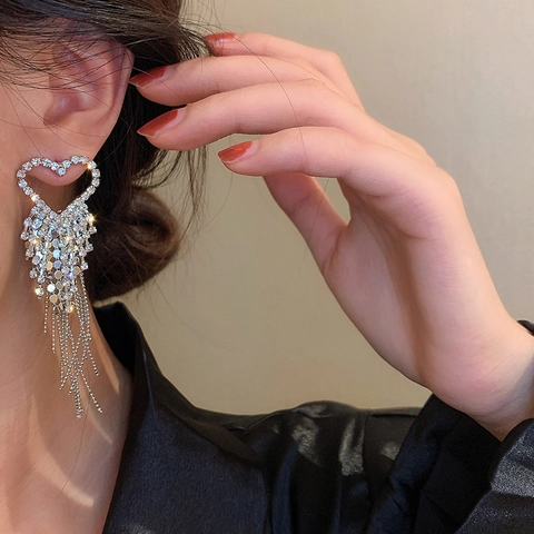 Orecchini Pendenti Con Nappa Di Strass E Perline Di Riso A Cuore Con Perno In Argento Gioielli Donna Per Feste