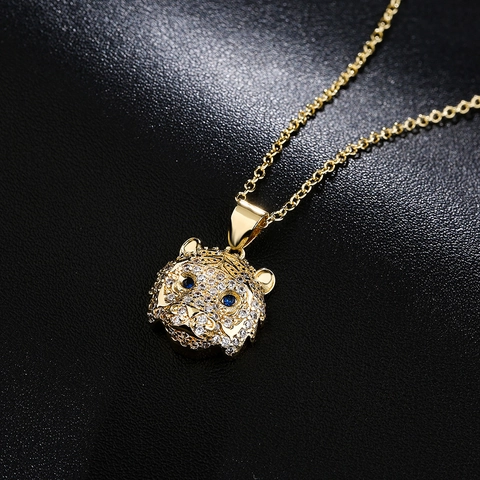 Tijgerkop Hanger Ketting Met Koperen Micro-Zirkoon En Blauwe Ogen 18K Verguld Hip Hop Mode Sieraden