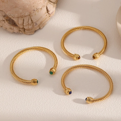 Twisted Cable Open Cuff Bracelet Stainless Steel Natural Stone Inlaid Vintage Gold Plated Jewelry For Women Fashion