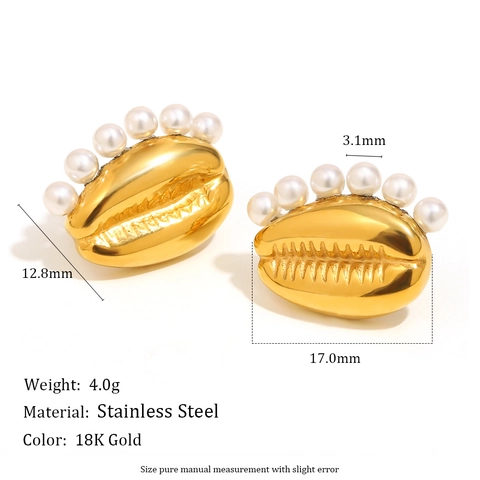 Pendientes De Botón Concha De Mar Acero Inoxidable Chapado En Oro 18K Perla Artificial De Imitación Diseño Único Playa Mujeres