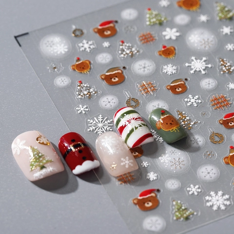 Christmas Nail Stickers 3D Relief Embossed Cartoon Bear Snowflakes Tree Self Adhesive DIY Festive Nail Art Decoration For Women