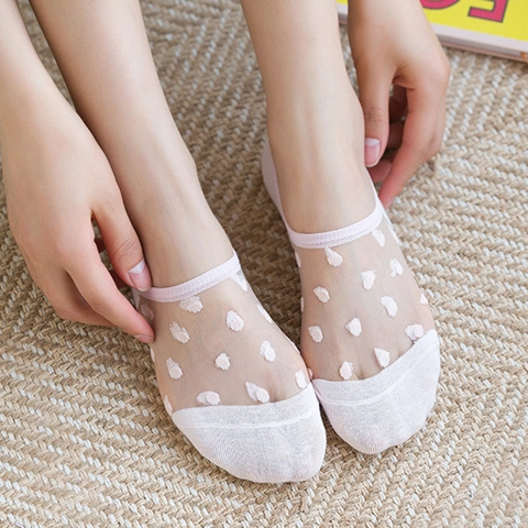 Women No Show Socks Polka Dot Mesh Cotton Breathable Anti Slip Invisible Low Cut Thin Summer Style Casual