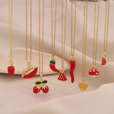 Collier Pendentif Fruits Pour Femmes Acier Inoxydable Et Cuivre Émail Strass Fraise Pastèque Piment Lèvres Bijoux De Mode