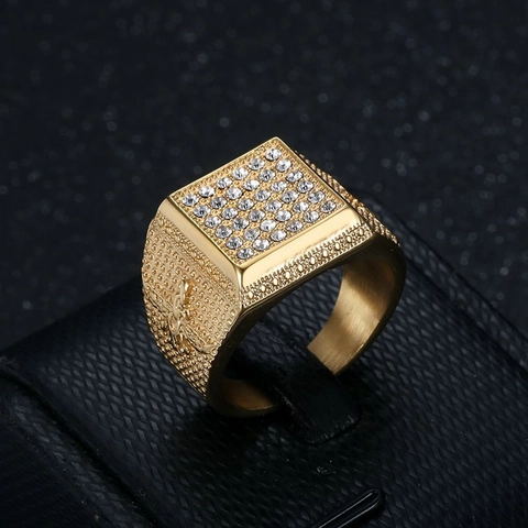 Heren Vierkante Zegelring Titanium Staal Zirconia Iced Out Hip Hop Punk Sieraden Met Bijenreliëf Decor