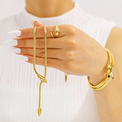 Gold Plated Stainless Steel Snake Jewelry Necklace Bracelet And Ring With Cubic Zirconia For Women Trendy Waterproof Hypoallergenic