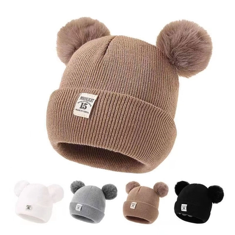 Bonnet Tricoté Pour Bébé Avec Double Pompon Beanie Chaud En Acrylique Souple Accessoire Nouveau-Né Style Oreilles Mignonnes