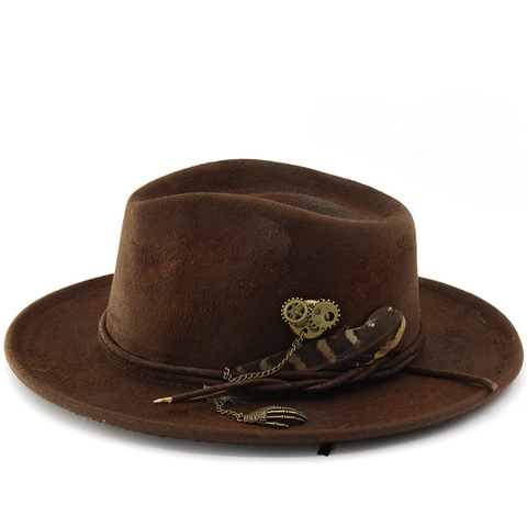 Steampunk Fedora Hat Vintage Distressed Wool Felt Wide Brim With Metal Gears Feather And Skull Hand Pendant For Unisex