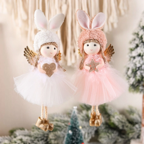 Weihnachtsengel Puppen Anhänger Plüsch Strick Lange Hasenohren Netzrock Goldene Flügel Herz Stern Baumschmuck Heimdekoration