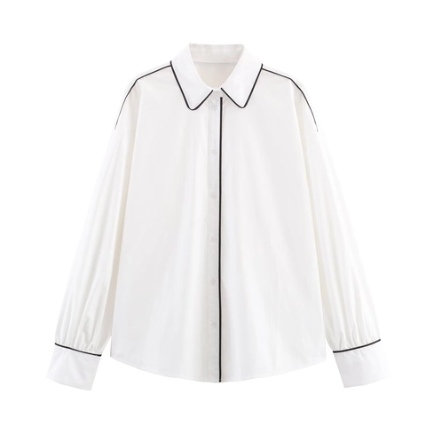 Kontrastbesatz Popeline Hemd Damen Langarm Schwarz Paspelierung Button Down Bluse Minimalistische Büro Schicke Weiße Oberteil