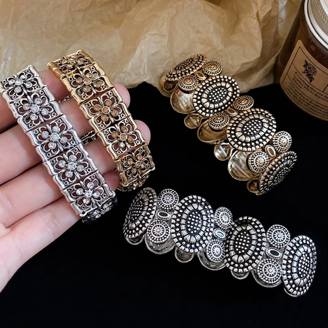 Bracciale In Lega Vintage Bohémien Fiore Cavo Geometrico Strass Braccialetto Elastico Gioielli Da Donna